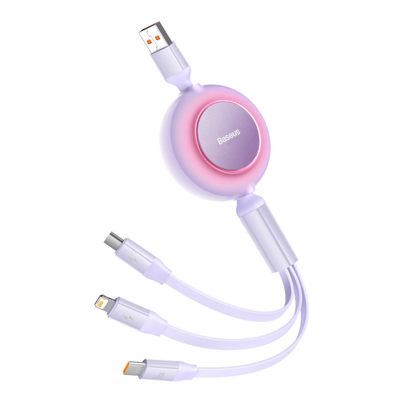 Ištraukiamas kabelis 3in1 USB microUSB + iPhone Lightning + USB-C 66W 1,1m violetinė