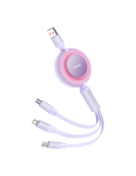 Ištraukiamas kabelis 3in1 USB microUSB + iPhone Lightning + USB-C 66W 1,1m violetinė Ištraukiamas kabelis 3in1 USB microUSB + iPhone Lightning + USB-C 66W 1,1m violetinė