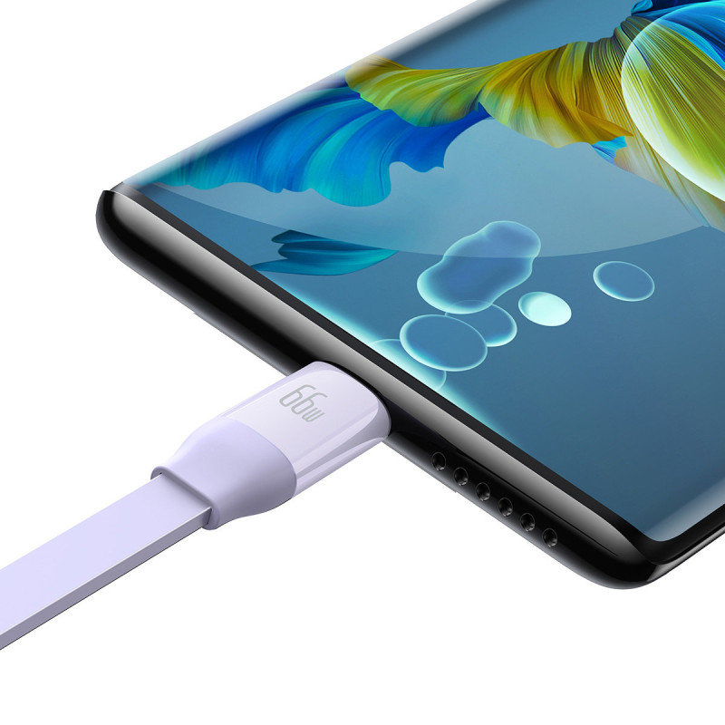 Ištraukiamas kabelis 3in1 USB microUSB + iPhone Lightning + USB-C 66W 1,1m violetinė