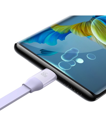 Ištraukiamas kabelis 3in1 USB microUSB + iPhone Lightning + USB-C 66W 1,1m violetinė Ištraukiamas kabelis 3in1 USB microUSB + iPhone Lightning + USB-C 66W 1,1m violetinė