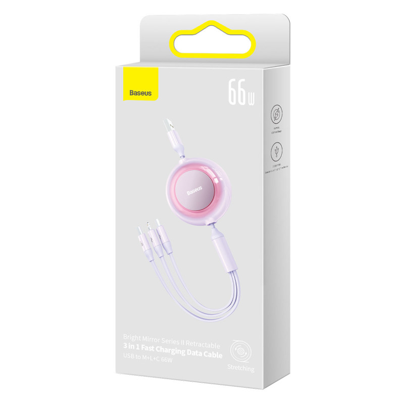 Ištraukiamas kabelis 3in1 USB microUSB + iPhone Lightning + USB-C 66W 1,1m violetinė