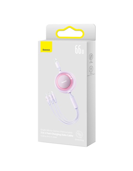 Ištraukiamas kabelis 3in1 USB microUSB + iPhone Lightning + USB-C 66W 1,1m violetinė Ištraukiamas kabelis 3in1 USB microUSB + iPhone Lightning + USB-C 66W 1,1m violetinė