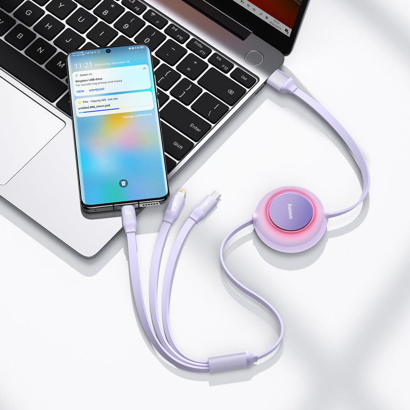 Ištraukiamas kabelis 3in1 USB microUSB + iPhone Lightning + USB-C 66W 1,1m violetinė