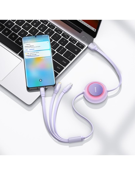 Ištraukiamas kabelis 3in1 USB microUSB + iPhone Lightning + USB-C 66W 1,1m violetinė Ištraukiamas kabelis 3in1 USB microUSB + iPhone Lightning + USB-C 66W 1,1m violetinė