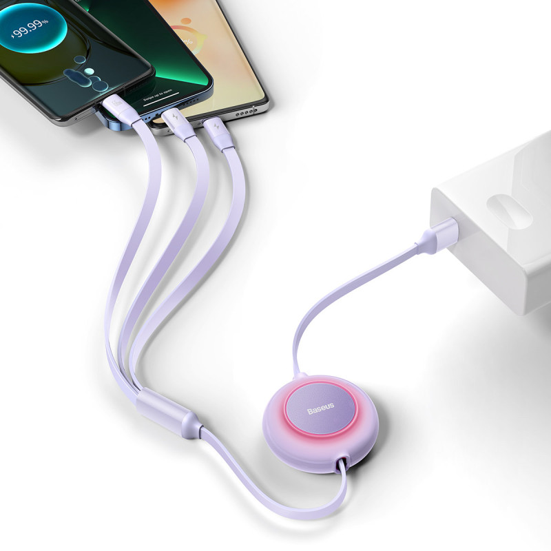 Ištraukiamas kabelis 3in1 USB microUSB + iPhone Lightning + USB-C 66W 1,1m violetinė