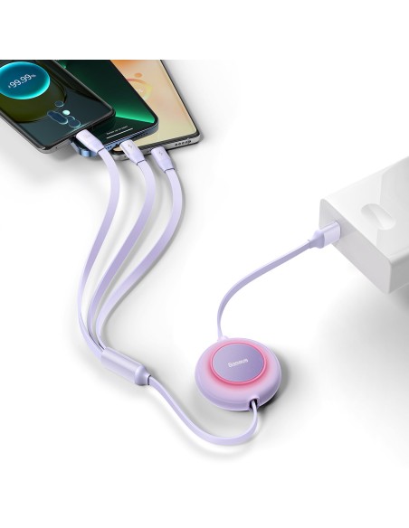 Ištraukiamas kabelis 3in1 USB microUSB + iPhone Lightning + USB-C 66W 1,1m violetinė Ištraukiamas kabelis 3in1 USB microUSB + iPhone Lightning + USB-C 66W 1,1m violetinė