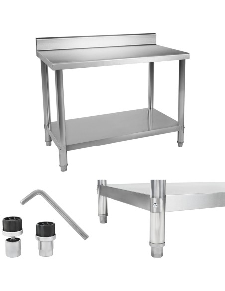 Virtuvės stalas su nerūdijančio plieno stalviršiu su apvadu ir apatine lentyna 120x70cm Virtuvės stalas su nerūdijančio plieno stalviršiu su apvadu ir apatine lentyna 120x70cm