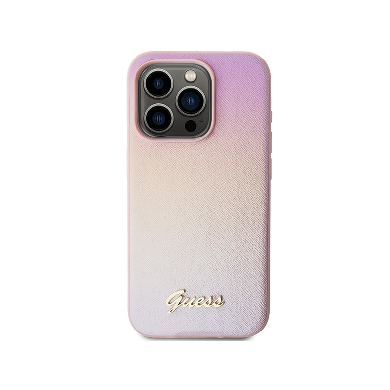 Etui Guess Saffiano Iridescent Script na iPhone 14 Pro - różowe
