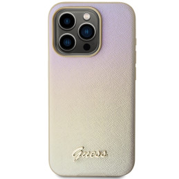 Etui Guess Saffiano Iridescent Script na iPhone 14 Pro Max - złote