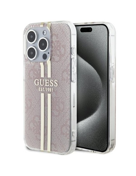 Etui Guess IML 4G Gold Stripe na iPhone 15 Pro - różowe Etui Guess IML 4G Gold Stripe na iPhone 15 Pro - różowe