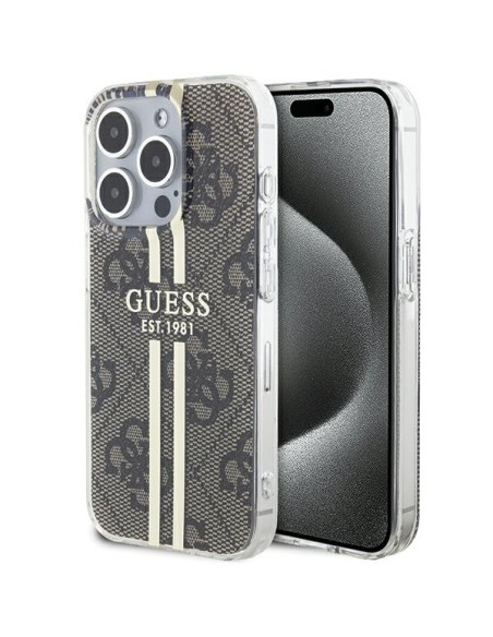 Etui Guess IML 4G Gold Stripe na iPhone 15 Pro - brązowe Etui Guess IML 4G Gold Stripe na iPhone 15 Pro - brązowe