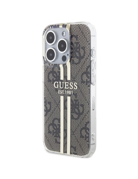 Etui Guess IML 4G Gold Stripe na iPhone 15 Pro - brązowe Etui Guess IML 4G Gold Stripe na iPhone 15 Pro - brązowe