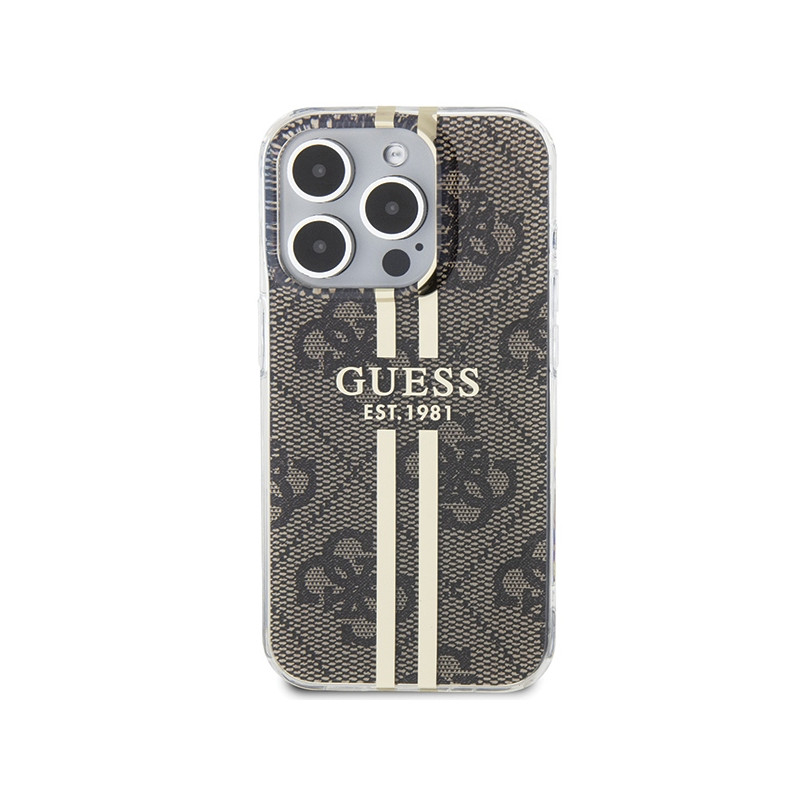 Etui Guess IML 4G Gold Stripe na iPhone 15 Pro - brązowe