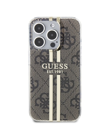 Etui Guess IML 4G Gold Stripe na iPhone 15 Pro - brązowe Etui Guess IML 4G Gold Stripe na iPhone 15 Pro - brązowe