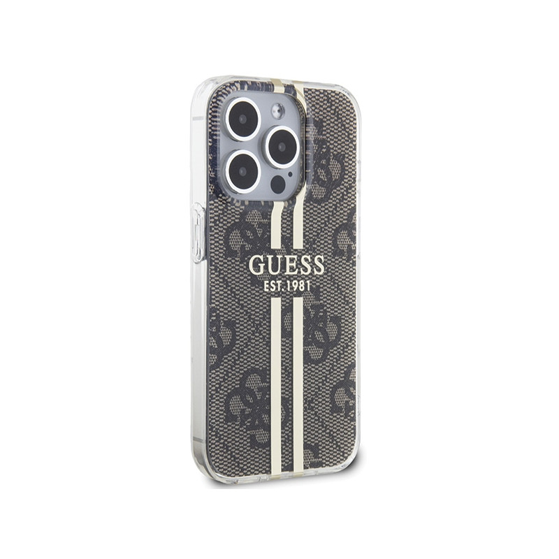 Etui Guess IML 4G Gold Stripe na iPhone 15 Pro - brązowe