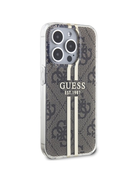 Etui Guess IML 4G Gold Stripe na iPhone 15 Pro - brązowe Etui Guess IML 4G Gold Stripe na iPhone 15 Pro - brązowe