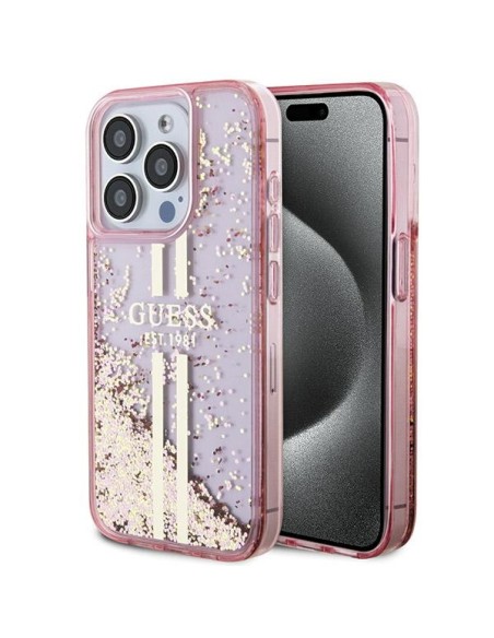 Etui Guess Liquid Glitter Gold Stripes na iPhone 15 Pro - różowe Etui Guess Liquid Glitter Gold Stripes na iPhone 15 Pro - różowe