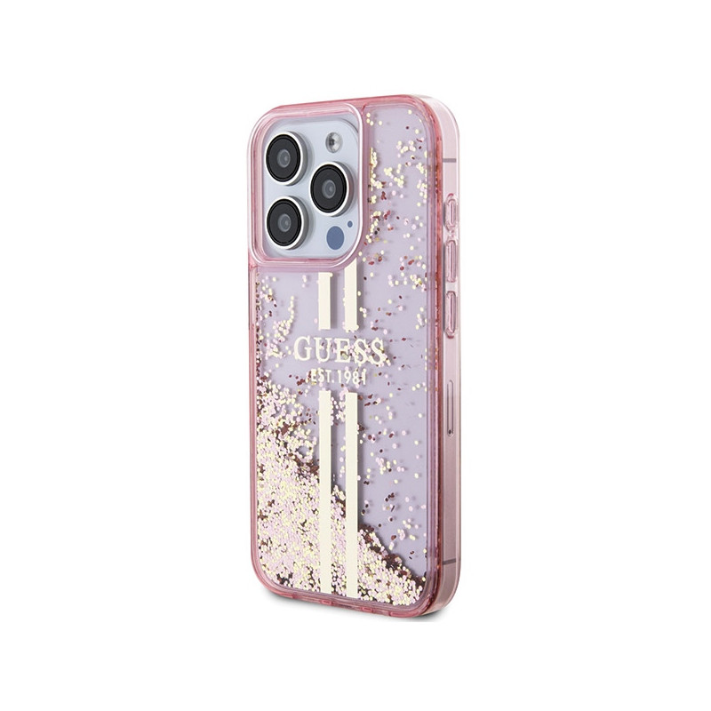 Etui Guess Liquid Glitter Gold Stripes na iPhone 15 Pro - różowe