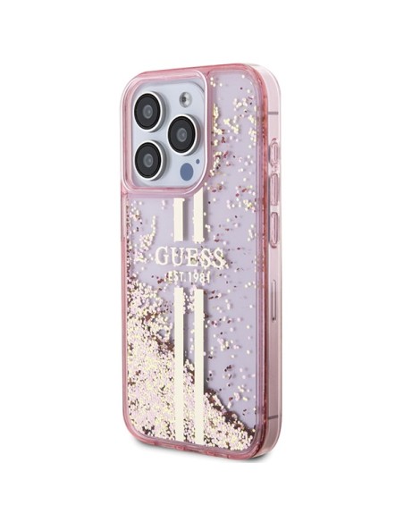 Etui Guess Liquid Glitter Gold Stripes na iPhone 15 Pro - różowe Etui Guess Liquid Glitter Gold Stripes na iPhone 15 Pro - różowe