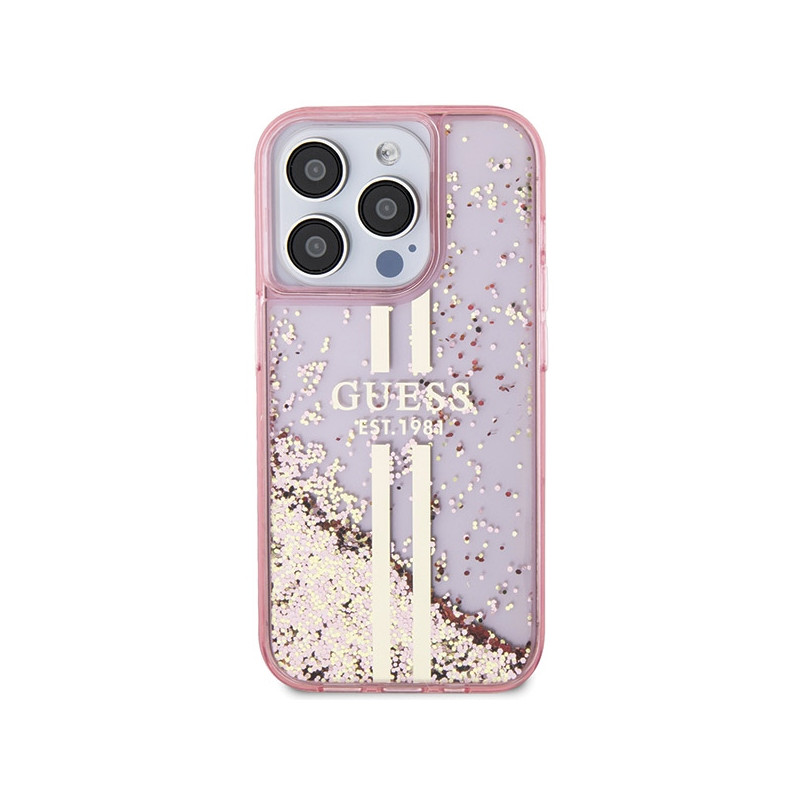 Etui Guess Liquid Glitter Gold Stripes na iPhone 15 Pro - różowe