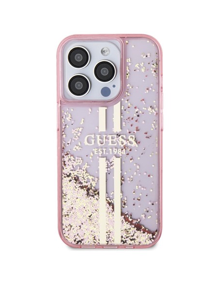 Etui Guess Liquid Glitter Gold Stripes na iPhone 15 Pro - różowe Etui Guess Liquid Glitter Gold Stripes na iPhone 15 Pro - różowe