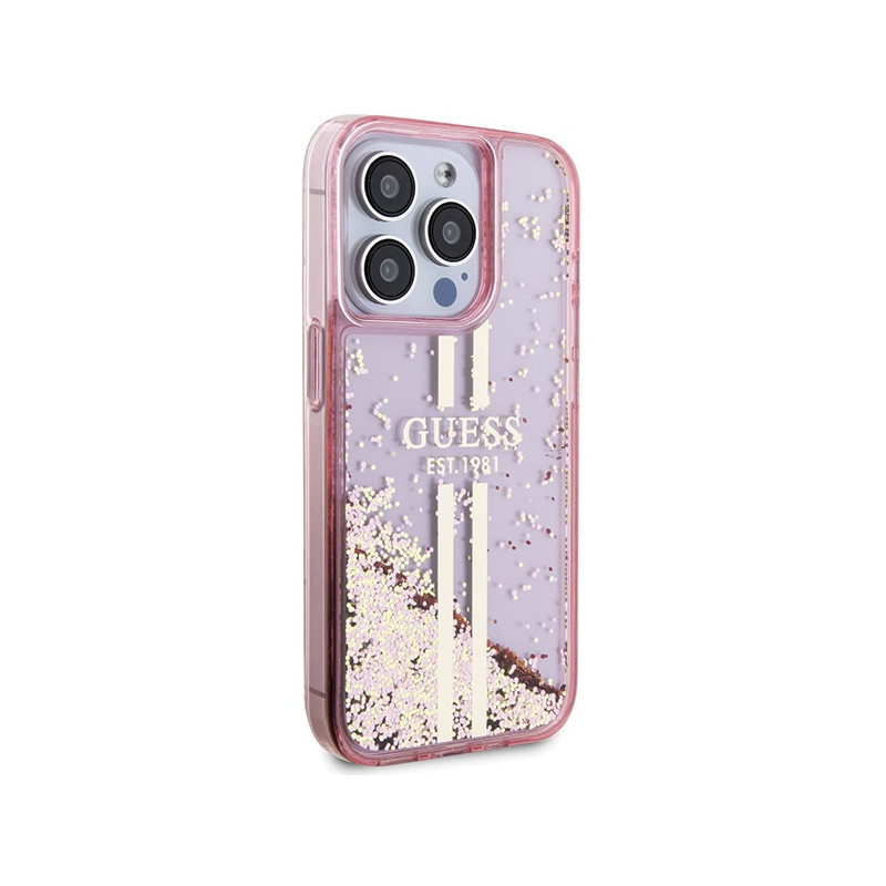 Etui Guess Liquid Glitter Gold Stripes na iPhone 15 Pro - różowe