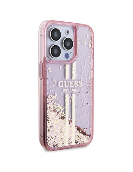 Etui Guess Liquid Glitter Gold Stripes na iPhone 15 Pro - różowe Etui Guess Liquid Glitter Gold Stripes na iPhone 15 Pro - różowe