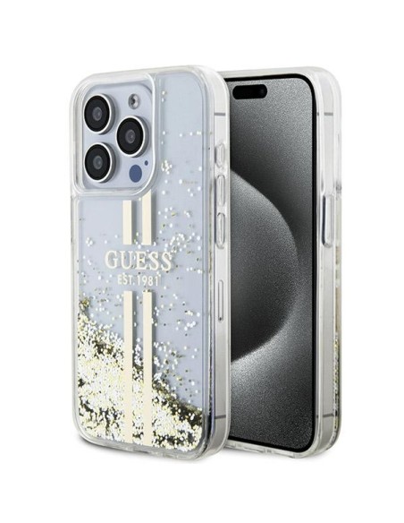 Etui Guess Liquid Glitter Gold Stripes na iPhone 15 Pro - przezroczyste Etui Guess Liquid Glitter Gold Stripes na iPhone 15 Pro - przezroczyste