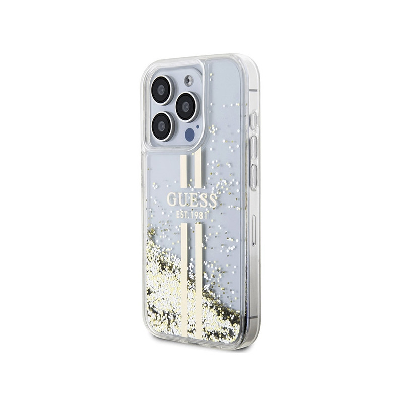 Etui Guess Liquid Glitter Gold Stripes na iPhone 15 Pro - przezroczyste
