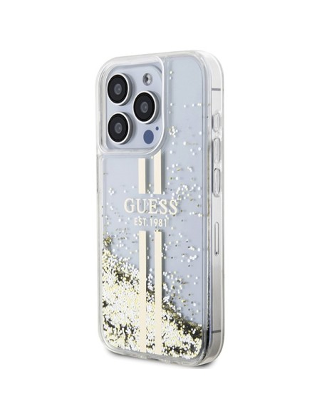 Etui Guess Liquid Glitter Gold Stripes na iPhone 15 Pro - przezroczyste Etui Guess Liquid Glitter Gold Stripes na iPhone 15 Pro - przezroczyste