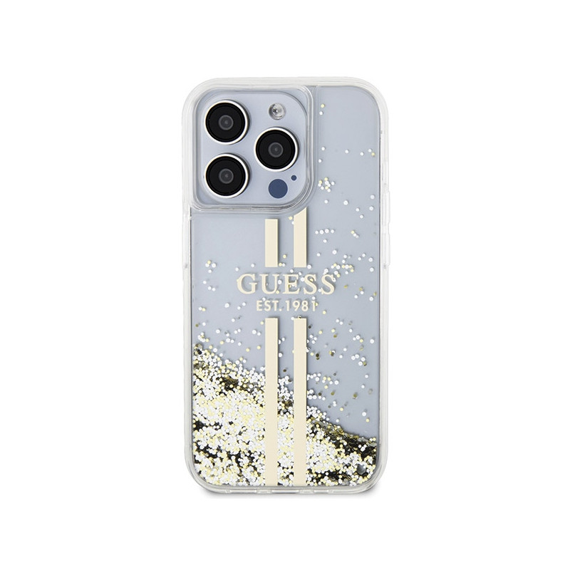 Etui Guess Liquid Glitter Gold Stripes na iPhone 15 Pro - przezroczyste