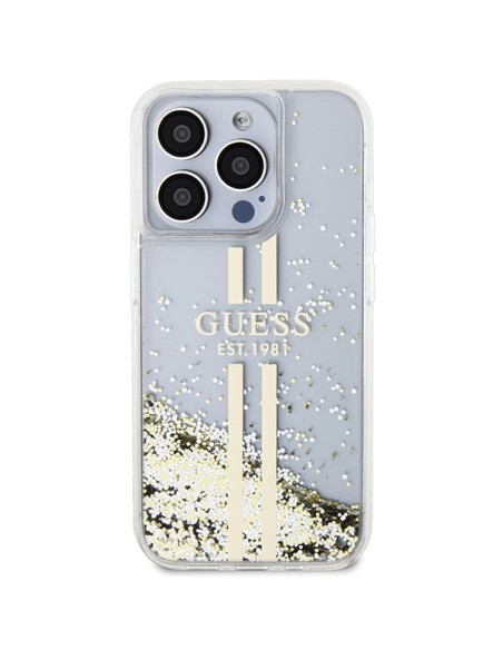 Etui Guess Liquid Glitter Gold Stripes na iPhone 15 Pro - przezroczyste Etui Guess Liquid Glitter Gold Stripes na iPhone 15 Pro - przezroczyste