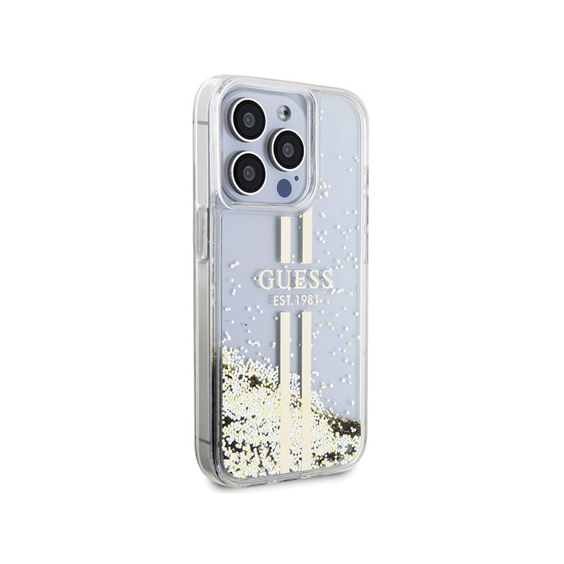 Etui Guess Liquid Glitter Gold Stripes na iPhone 15 Pro - przezroczyste