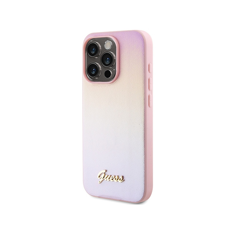 Etui Guess Saffiano Iridescent Script na iPhone 15 Pro - różowe