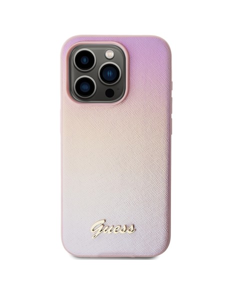 Etui Guess Saffiano Iridescent Script na iPhone 15 Pro - różowe Etui Guess Saffiano Iridescent Script na iPhone 15 Pro - różowe