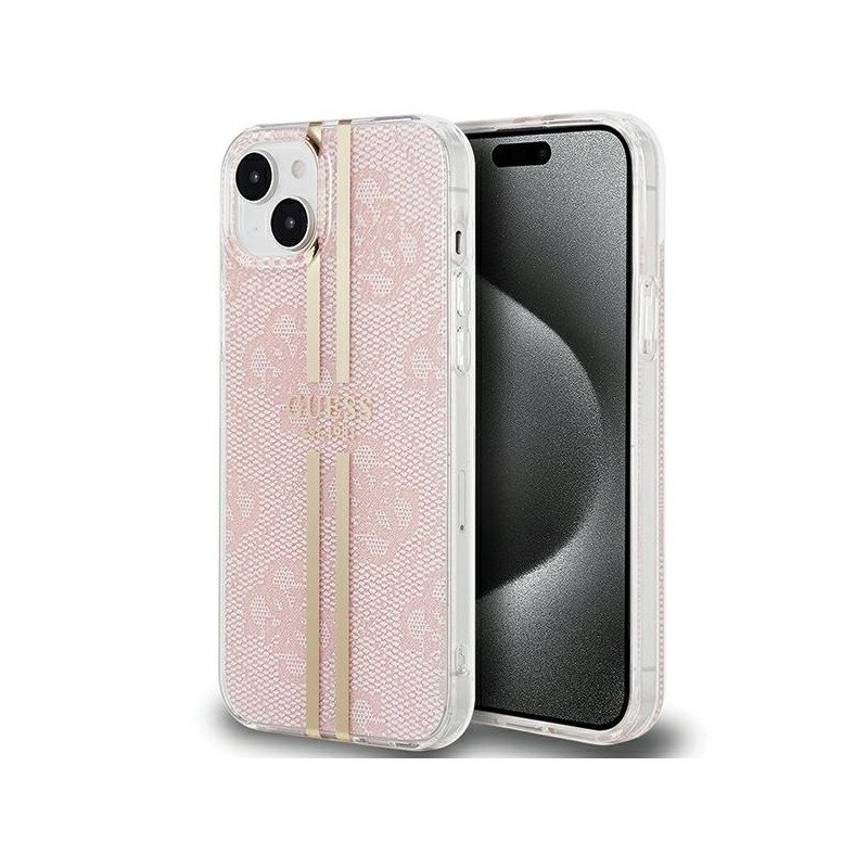 Etui Guess IML 4G Gold Stripe na iPhone 15 Plus / 14 Plus - różowe