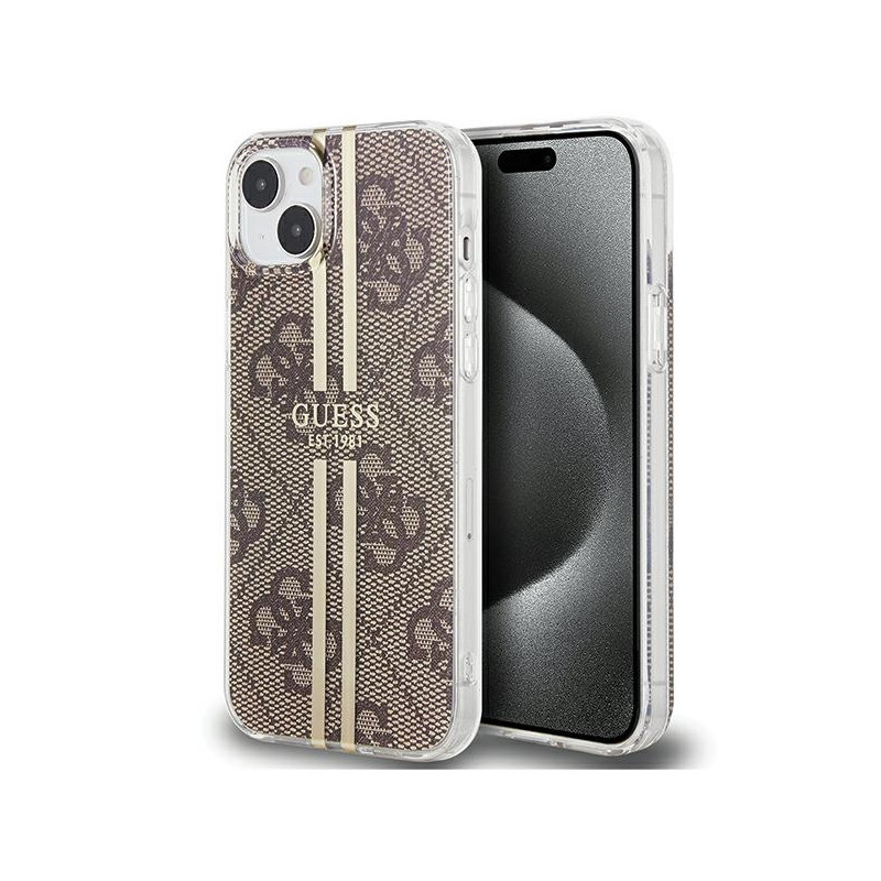 Etui Guess IML 4G Gold Stripe na iPhone 15 Plus / 14 Plus - brązowe