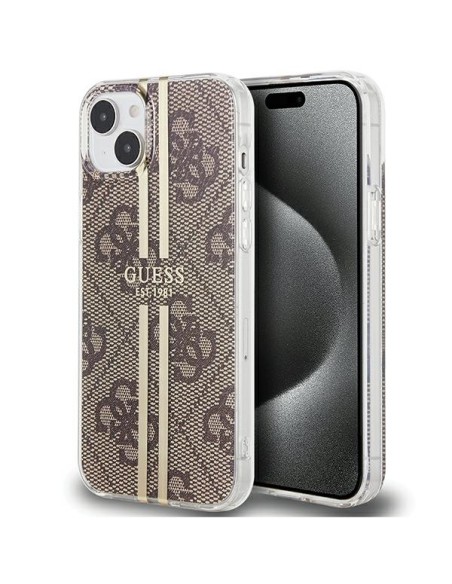 Etui Guess IML 4G Gold Stripe na iPhone 15 Plus / 14 Plus - brązowe Etui Guess IML 4G Gold Stripe na iPhone 15 Plus / 14 Plus - brązowe