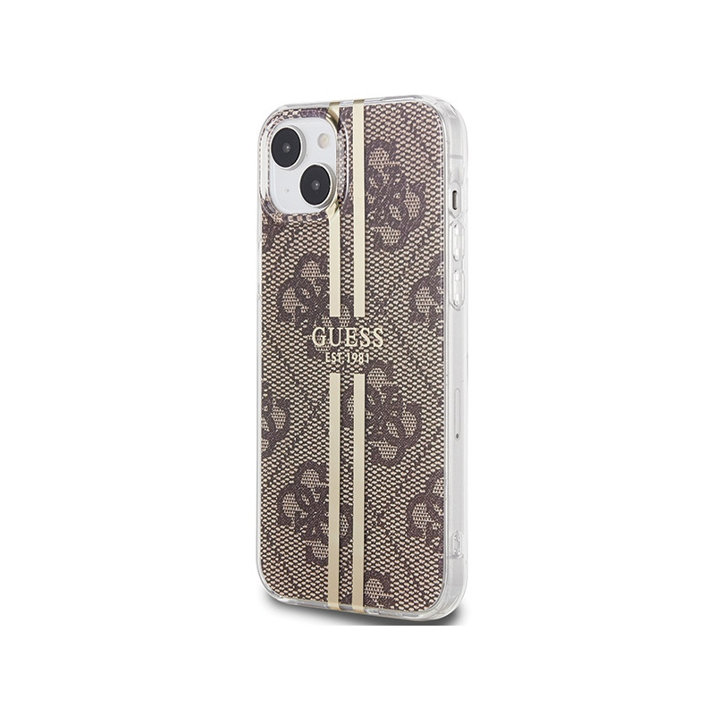 Etui Guess IML 4G Gold Stripe na iPhone 15 Plus / 14 Plus - brązowe