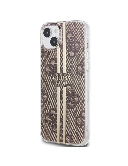 Etui Guess IML 4G Gold Stripe na iPhone 15 Plus / 14 Plus - brązowe Etui Guess IML 4G Gold Stripe na iPhone 15 Plus / 14 Plus - brązowe