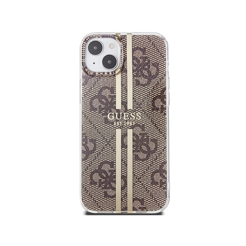 Etui Guess IML 4G Gold Stripe na iPhone 15 Plus / 14 Plus - brązowe