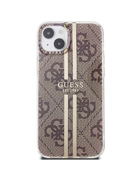 Etui Guess IML 4G Gold Stripe na iPhone 15 Plus / 14 Plus - brązowe Etui Guess IML 4G Gold Stripe na iPhone 15 Plus / 14 Plus - brązowe