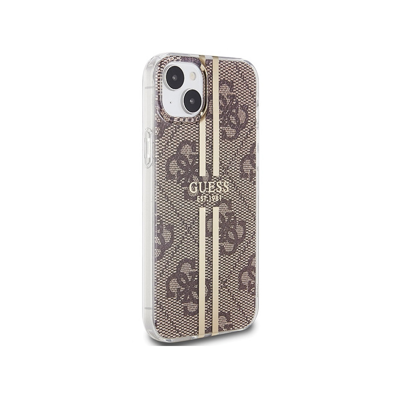 Etui Guess IML 4G Gold Stripe na iPhone 15 Plus / 14 Plus - brązowe