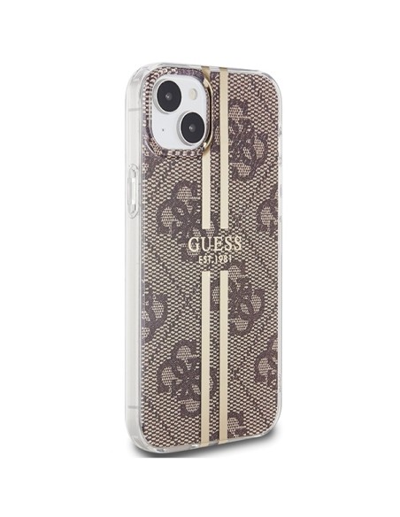 Etui Guess IML 4G Gold Stripe na iPhone 15 Plus / 14 Plus - brązowe Etui Guess IML 4G Gold Stripe na iPhone 15 Plus / 14 Plus - brązowe