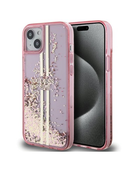 Etui Guess Liquid Glitter Gold Stripes na iPhone 15 Plus / 14 Plus - różowe Etui Guess Liquid Glitter Gold Stripes na iPhone 15 Plus / 14 Plus - różowe