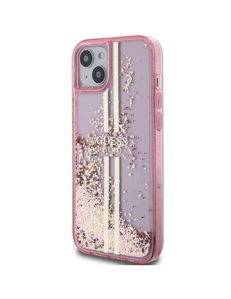 Etui Guess Liquid Glitter Gold Stripes na iPhone 15 Plus / 14 Plus - różowe Etui Guess Liquid Glitter Gold Stripes na iPhone 15 Plus / 14 Plus - różowe