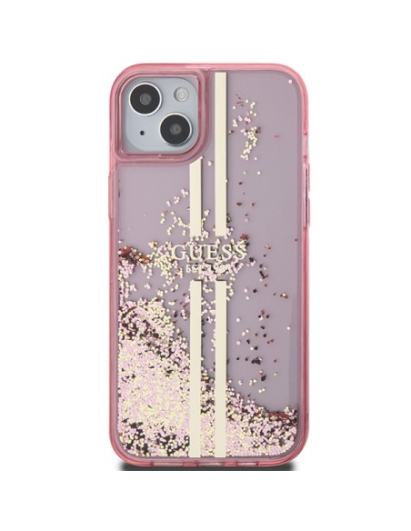 Etui Guess Liquid Glitter Gold Stripes na iPhone 15 Plus / 14 Plus - różowe Etui Guess Liquid Glitter Gold Stripes na iPhone 15 Plus / 14 Plus - różowe