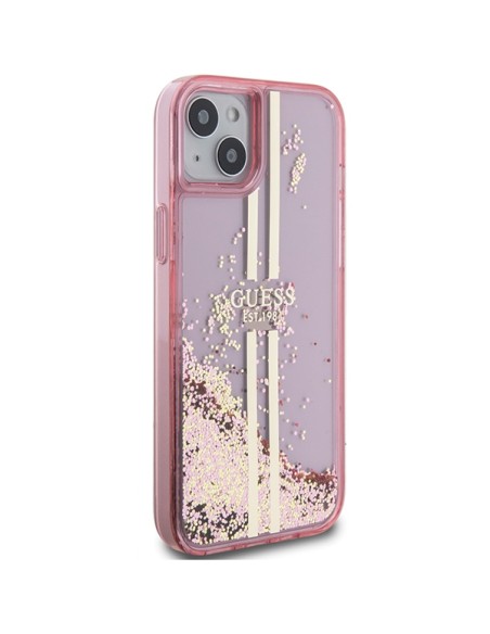 Etui Guess Liquid Glitter Gold Stripes na iPhone 15 Plus / 14 Plus - różowe Etui Guess Liquid Glitter Gold Stripes na iPhone 15 Plus / 14 Plus - różowe