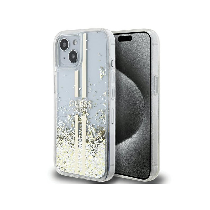 Etui Guess Liquid Glitter Gold Stripes na iPhone 15 Plus / 14 Plus - przezroczyste Etui Guess Liquid Glitter Gold Stripes na iPhone 15 Plus / 14 Plus - przezroczyste
