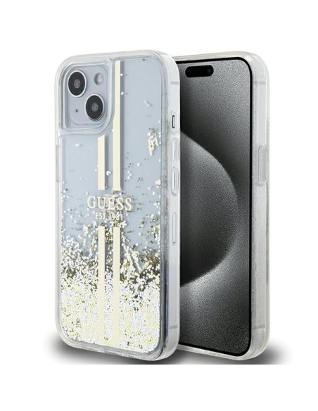 Etui Guess Liquid Glitter Gold Stripes na iPhone 15 Plus / 14 Plus - przezroczyste Etui Guess Liquid Glitter Gold Stripes na iPhone 15 Plus / 14 Plus - przezroczyste